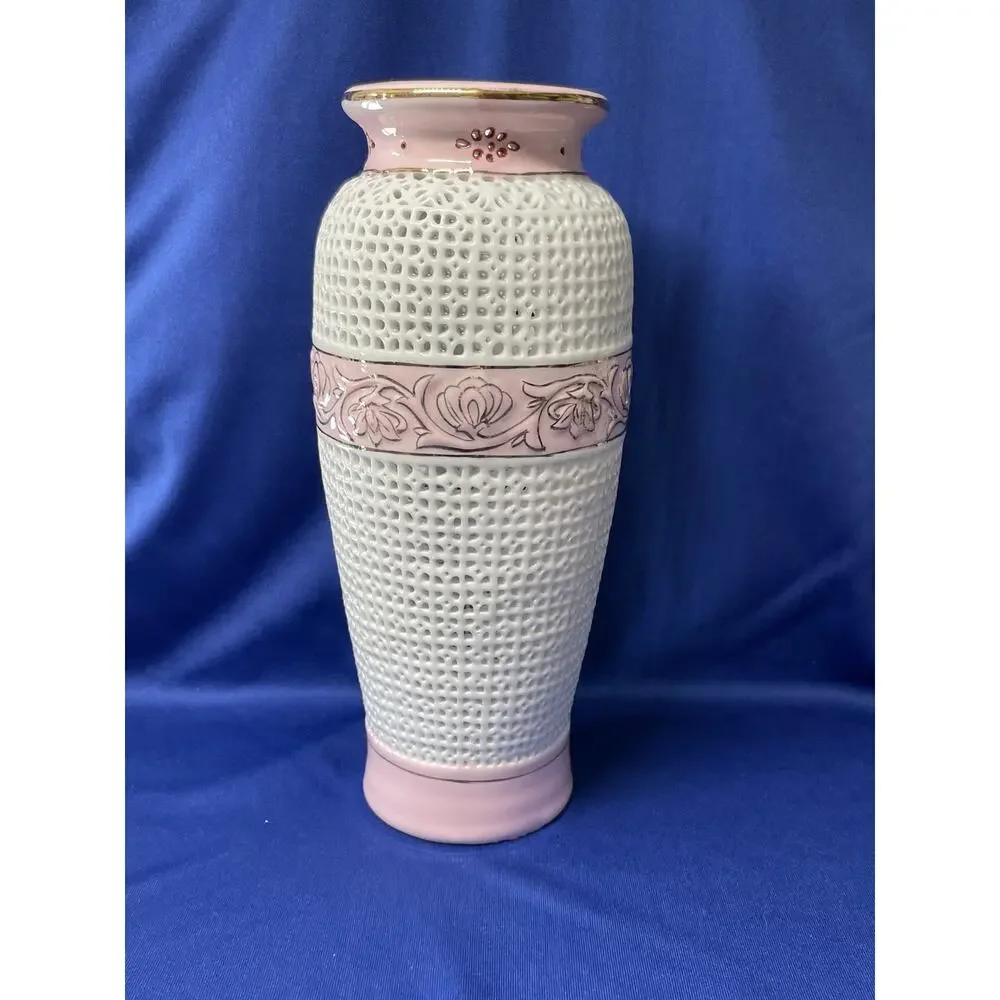 Unique Open Weave Pink and White Vase with Gold Trim